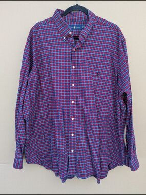 Ralph Lauren Button Down Shirt Red Blue Plaid Long Sleeve Men's 2XB BIG Cotton